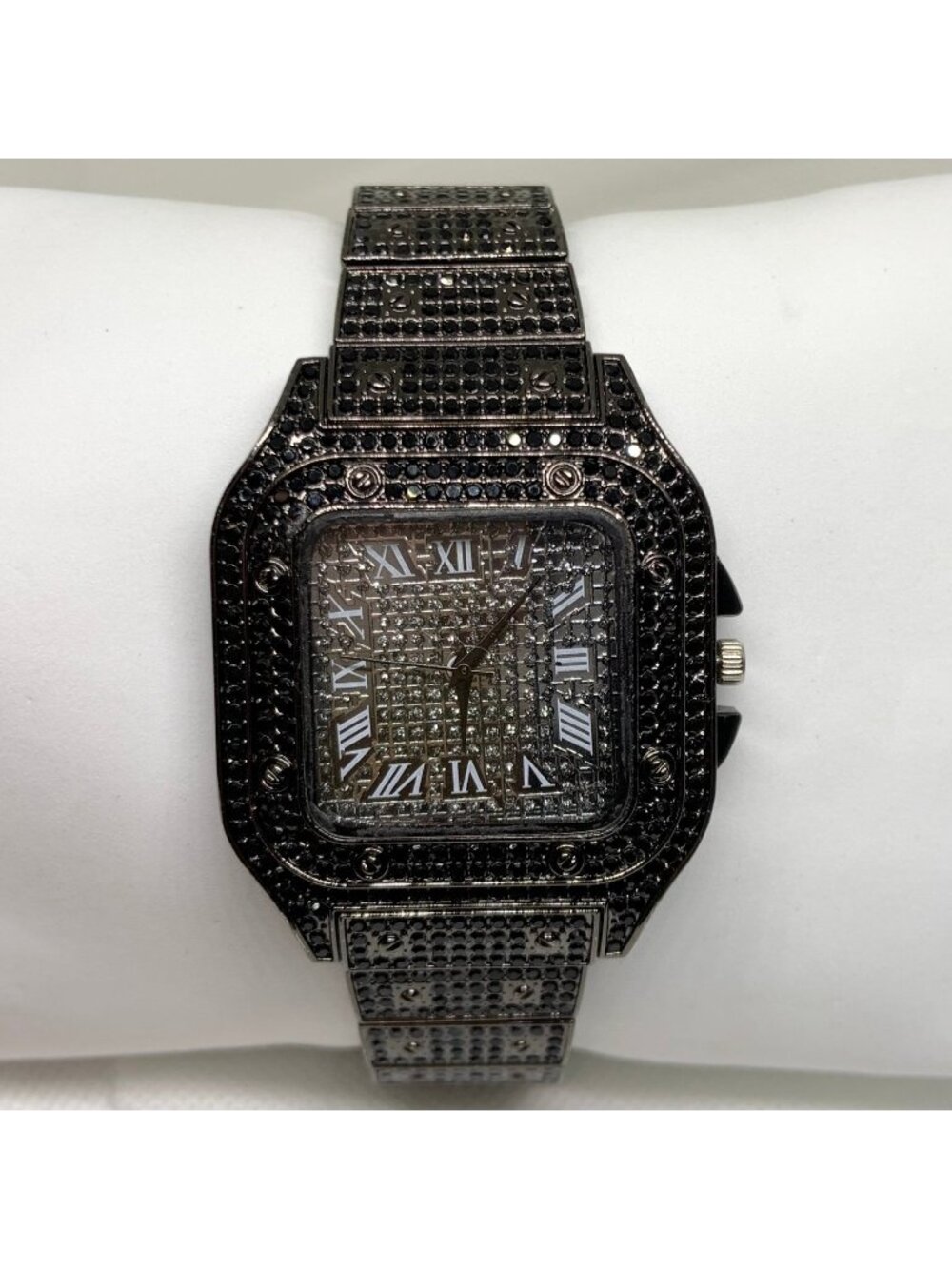 Men’s black tone iced watch Roman numerals 40mm square quartz up to 8.5” running